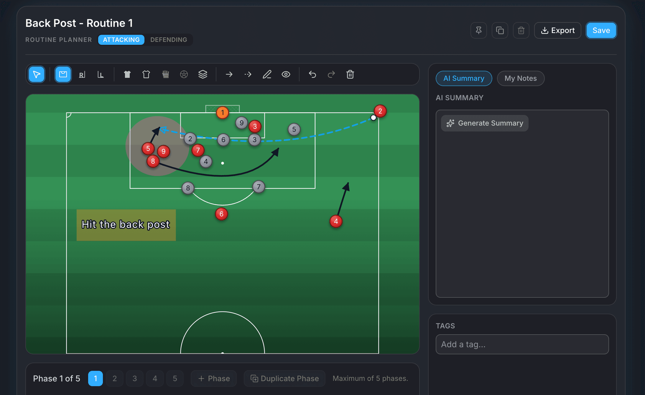 The routine planner, with a back post routine drawn on the pitch, a drawing toolbar, phase controls for animating the movement, and panels for AI summary, notes and tags.